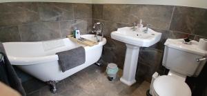 a bathroom with a sink and a tub and a toilet at Stable Lodge in Berwick-Upon-Tweed