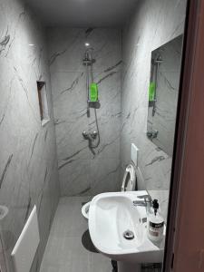 a bathroom with a white sink and a shower at Shpia e Mikut Guesthouse in Theth