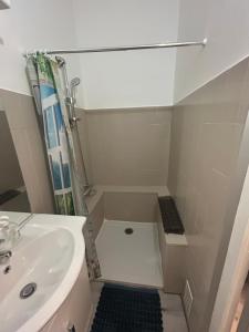 a small bathroom with a sink and a shower at Appartement 5 - T2 Meublé 2 étoiles proche des thermes in Vals-les-Bains