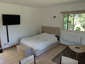 a bedroom with a bed and a flat screen tv at L'annexe in Gouy