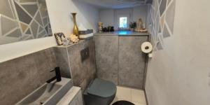 a small bathroom with a toilet and a sink at Soukromý pokoj pro 2 se sdílenou koupelnou a kuchyni Bezručova in Hradec Králové