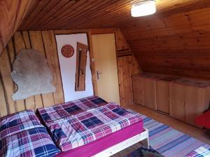 a bedroom with a bed in a wooden cabin at Chata Panorama in Čremošné