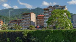 Eine Gruppe von Gebäuden vor dem Hintergrund der Berge in der Unterkunft Hotel Flash in Artvin