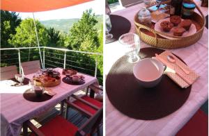 a picnic table with a basket of food and a bowl of food at Chambres d'hôtes " Casa della Felicità " in La Roche-sur-le-Buis
