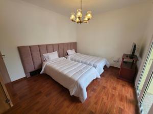 a bedroom with two beds and a television in it at Lúcia's House in Santa Cruz