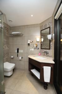 a bathroom with a sink and a toilet and a mirror at Trance Sunderban Resort in Pune +16 photos