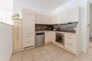 a kitchen with white cabinets and a dishwasher at Hakuna Marktquartier 9 - Terrassenwohnung Spitz in Spitz +6 photos