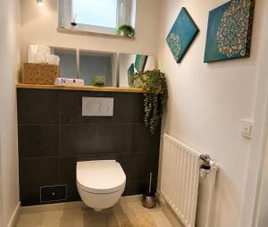 a bathroom with a toilet with a black wall at Quiet & Friendly Bremen in Bremen +11 photos