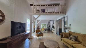 a living room with a large television and a couch at La Santoline - Provençal break with pool in Le Thor