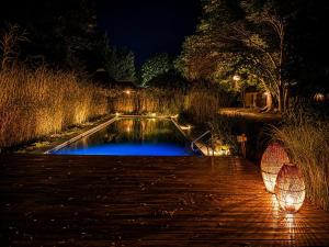 a swimming pool with lights in a garden at night at Addo African Home in Addo