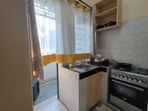 a kitchen with a stove and a sink and a window at Utele Cottages in Thika
