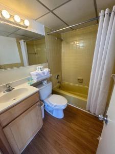 a bathroom with a toilet and a sink and a tub at Flamingo Motel in Ocean City +59 photos