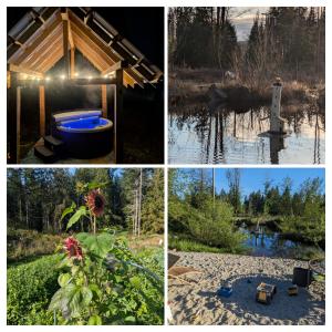 パウエル・リバーにあるGolden Rings Cabin on Homestead w Hot Tubの池の4つの異なる写真のコラージュ
