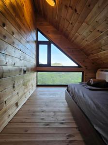 a room with a bed and a large window at Stone Throne Retreat in Drušići
