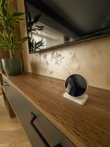 a black appliance sitting on top of a wooden counter at Boutique Apartment Suceava Modern Parcare WiFi Rapid in Ipoteşti