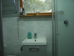 a bathroom with a sink and a shower at Chalet de campagne LAJA only 5 min from autoroute A75 in Léotoing