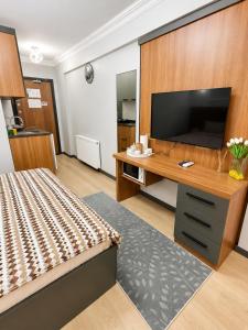 a bedroom with a television and a desk with a bed at Asil house in Istanbul
