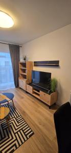 a living room with a large flat screen tv at Apartament Grey 2 pokojowy z balkonem w Warszawie z parkingiem podziemnym in Warsaw