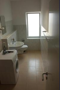 a bathroom with a toilet and a sink and a window at zum Dünengras in Saal +13 photos