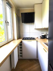 eine kleine Küche mit Herd und Fenster in der Unterkunft Golden Studio in Płock
