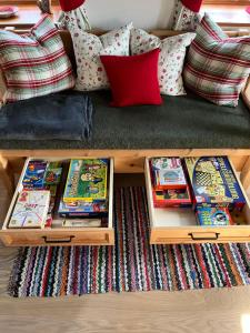 a living room with a couch with pillows at Ferienhaus Zirbenliebe Altenberg in Kurort Altenberg