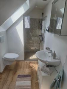a bathroom with a sink and a toilet and a shower at Detmolder Perle 2 Charmante Dachgesschoswohnung im Altbau in Detmold