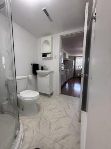 a bathroom with a toilet and a sink at La Suite Centre-ville Saint-Georges in Saint-Georges