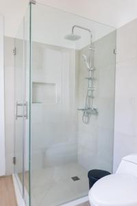 a shower with a glass door in a bathroom at Solaris Villa in Las Terrenas