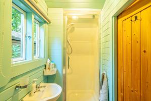 a bathroom with a sink and a shower at The Chestnuts Pod with private garden. in Eccles +39 photos