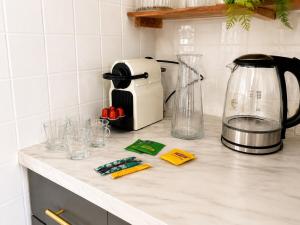 a kitchen counter with a coffee maker and a blender at L'Écrin Bois & Lin in Nevers