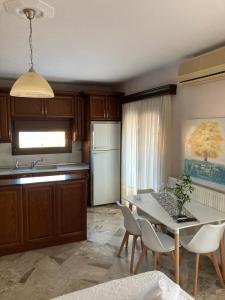 a kitchen with a table and chairs and a refrigerator at Villa Eleon 2 in Nea Vrasna