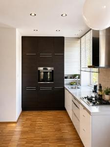 a kitchen with black cabinets and a stove top oven at Like at home Brno - celý byt in Komárov
