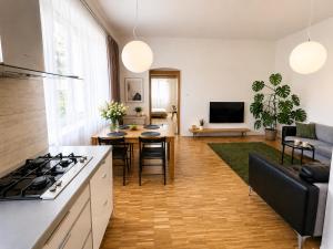 a kitchen and living room with a stove and a couch at Like at home Brno - celý byt in Komárov