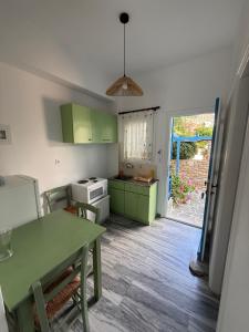 a kitchen with green cabinets and a table with chairs at Studios Panorama Drios in Drios