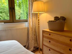 a bedroom with a bed and a lamp on a dresser at Bisamlodge in Faßberg