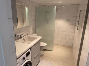 a bathroom with a sink and a toilet and a shower at Centralt Semesterboende in Halmstad +3 photos