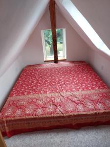 a red bed in a attic with a window at Haus im Garten in Grebenau