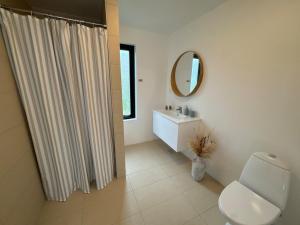a bathroom with a toilet and a sink and a mirror at Sortehus - 100 steps from the finest beach in Vallebo