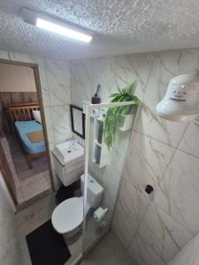 a bathroom with a toilet and a sink at Pousada Casa da arara Suite 106 in Saquarema +8 photos
