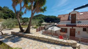 a house with palm trees in front of it at Villa Sissy Studios & Apartments in Syvota