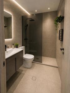 a bathroom with a toilet and a sink and a shower at Mihalis Studios in Karpathos