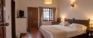 a bedroom with a large bed and a window at Hotel Mesón de los Virreyes in Villa de Leyva