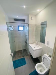 a bathroom with a shower and a toilet and a sink at The Snug Stay - Lennox in Accra +66 photos