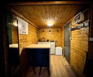 a kitchen with a counter and a sink in a room at M Cabin Tree house Predeal Ciubar in Predeal