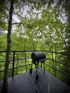 a grill sitting on a table next to a tree at M Cabin Tree house Predeal Ciubar in Predeal