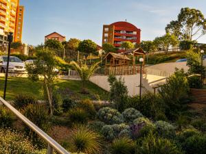 a garden in a park with buildings in the background at Apartamento Castilla in Viña del Mar