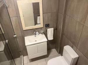 a bathroom with a sink and a toilet and a mirror at The View Comodoro in Comodoro Rivadavia