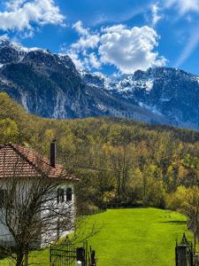 a house in a field with mountains in the background at Heaven Retreat in Vusanje
