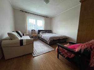 a bedroom with a bed and a couch and a window at Kuća za odmor Karaklić in Donje Karaklije