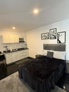 a bedroom with a large bed and a kitchen at Apartamento Maywood in Zacatecas